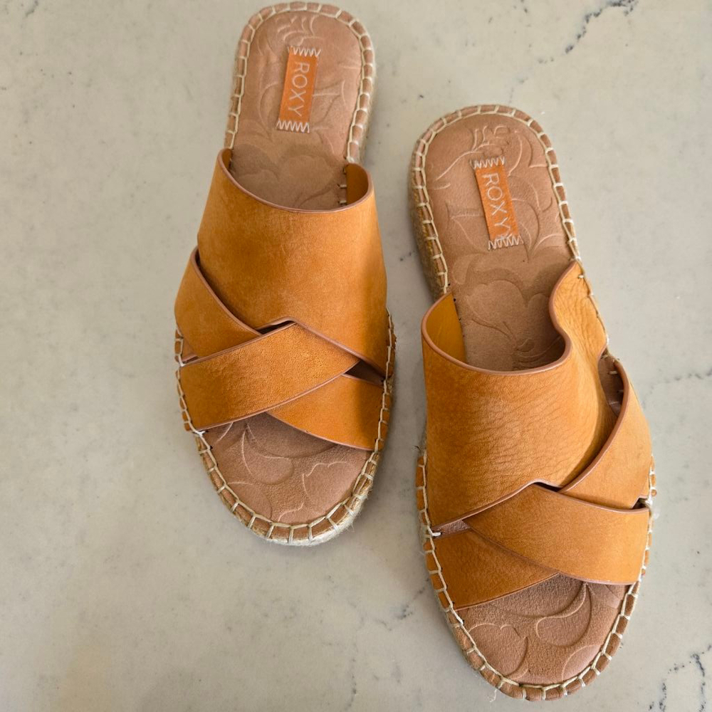 Roxy Women's Cognac Crossover Leather Slide Sandals - Picture 4 of 12